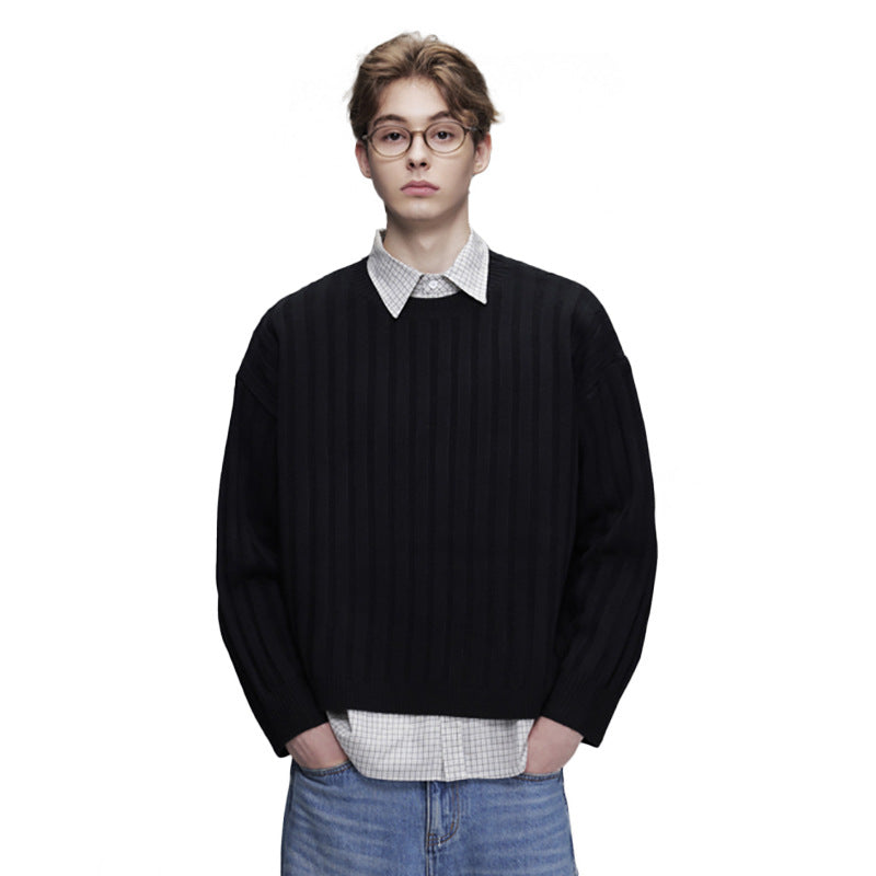 Ribbed Knit Crewneck Sweater — Oversized Fit, Solid Color