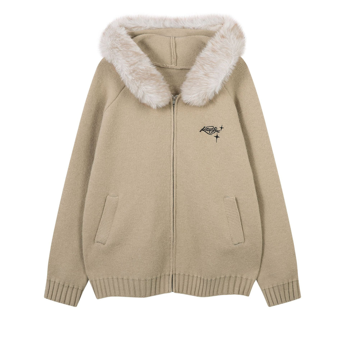 Fur-Trim Hooded Zip-Up Knit Cardigan Jacket