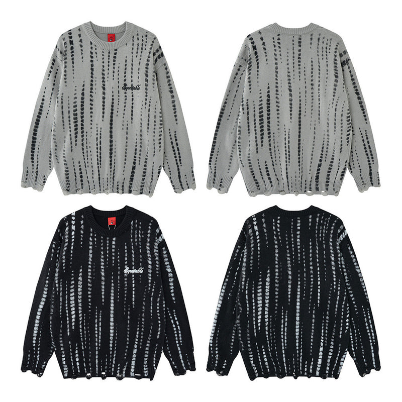 Tie-Dye Stripe Distressed Knit Pullover Sweater – Oversized Crew Neck