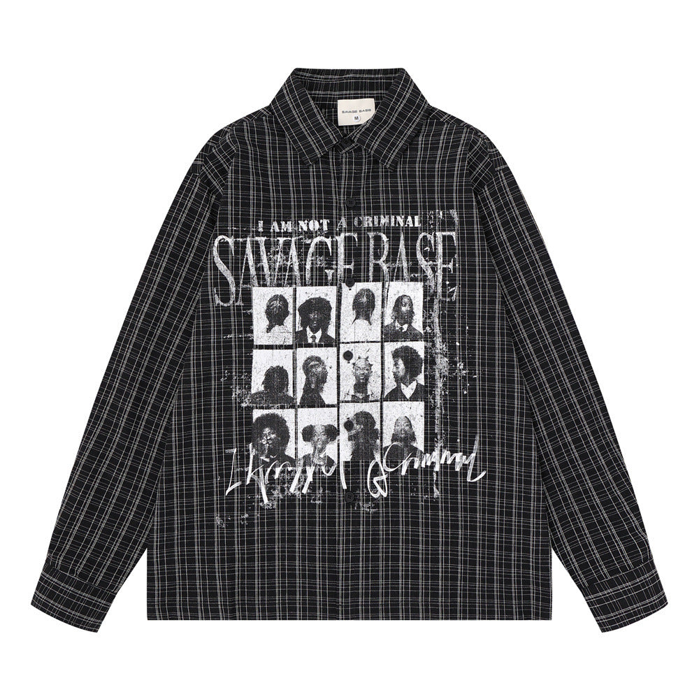Chemise homme à carreaux manches longues avec imprimé graphique Savage Base Mugshot