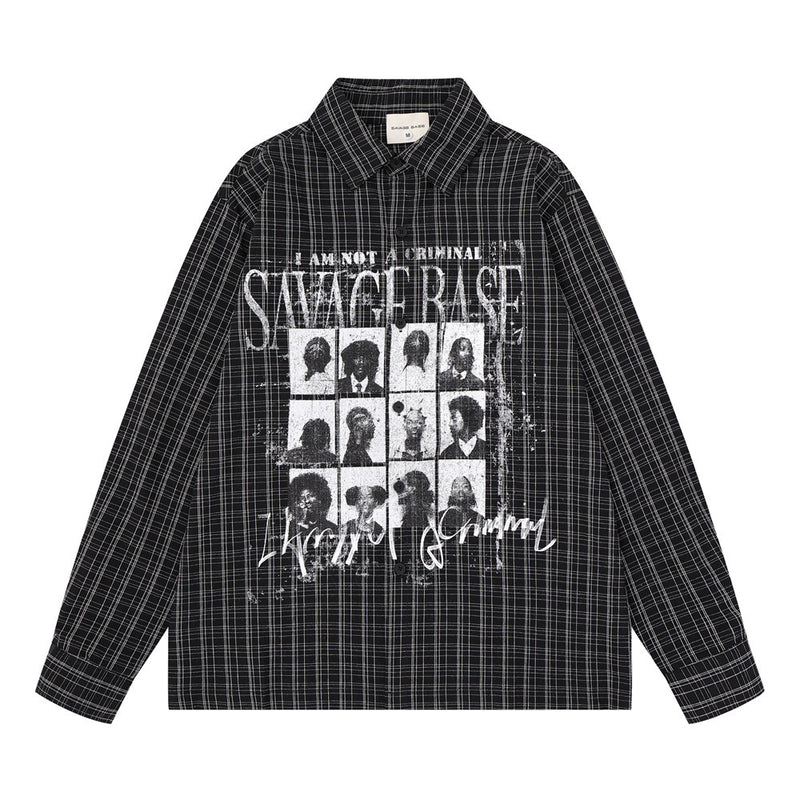 Chemise homme à carreaux manches longues avec imprimé graphique Savage Base Mugshot