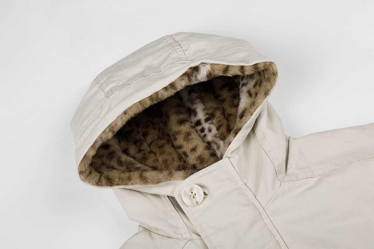 Hooded Bomber Jacket with Faux Leopard Fur-Lined Hood – Relaxed Fit Winter
