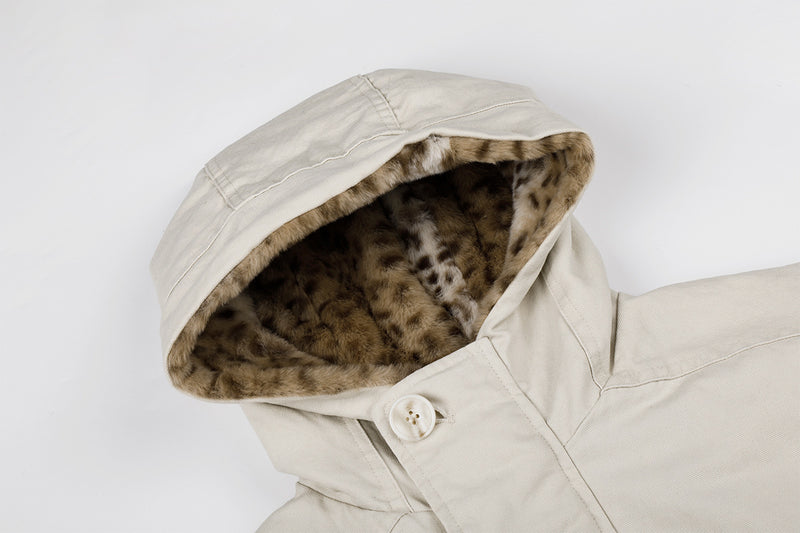Hooded Bomber Jacket with Faux Leopard Fur-Lined Hood – Relaxed Fit Winter