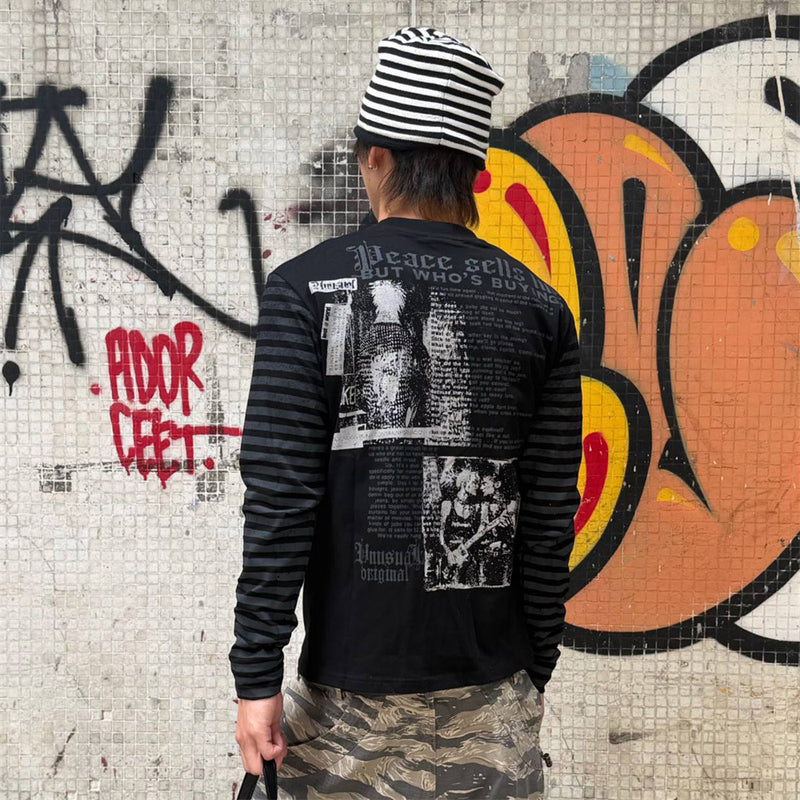 Men's Gothic Letter Print Long-Sleeve Tee with Striped Sleeve Splice