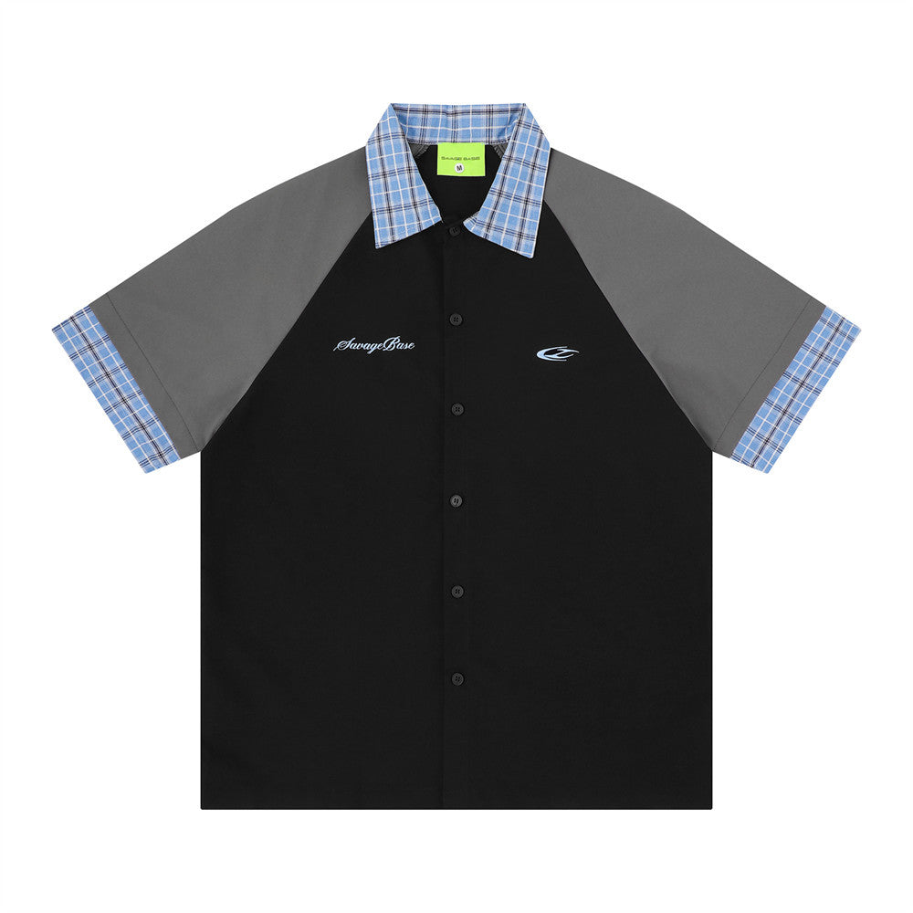 Colorblock Raglan Short Sleeve Shirt with Plaid Collar