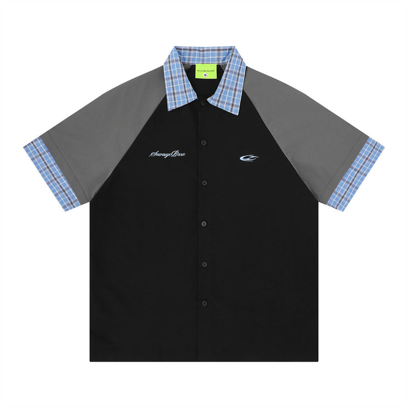 Colorblock Raglan Short Sleeve Shirt with Plaid Collar