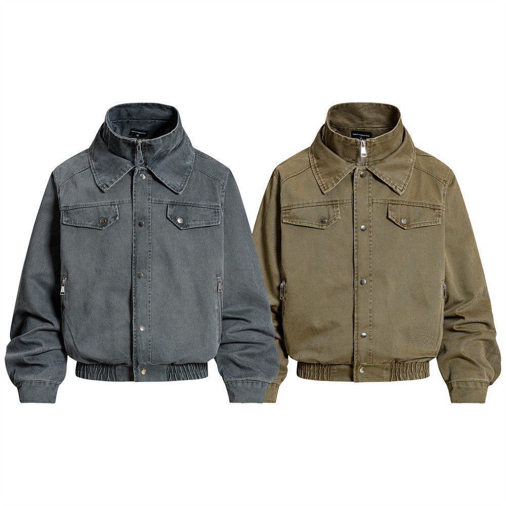 Men's Washed Denim Bomber Jacket – Oversized Fit, Double Collar & Zip Pockets