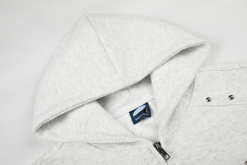 Streetwear-Zip-up-Hoodie mit Nietenpanel – Acid-Wash & Hellgrau meliert