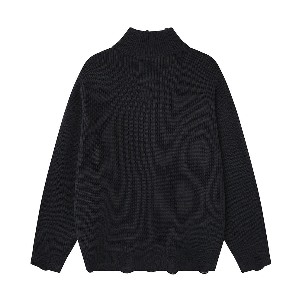 Gothic Cross Print Zip-Up Knit Cardigan Sweater – Distressed Mock Neck Men's