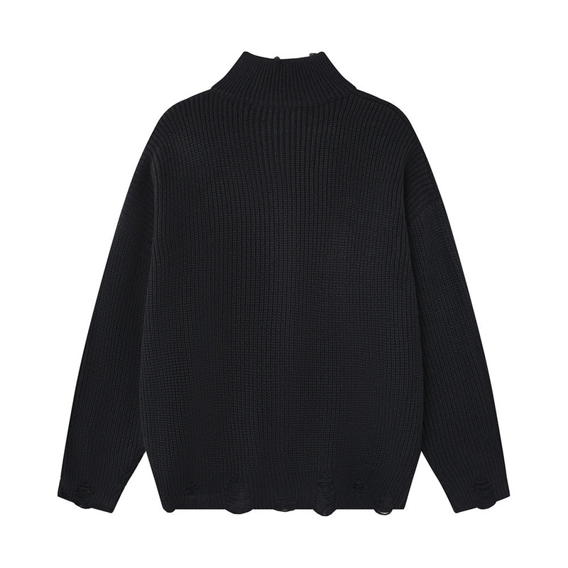 Gothic Cross Print Zip-Up Knit Cardigan Sweater – Distressed Mock Neck Men's