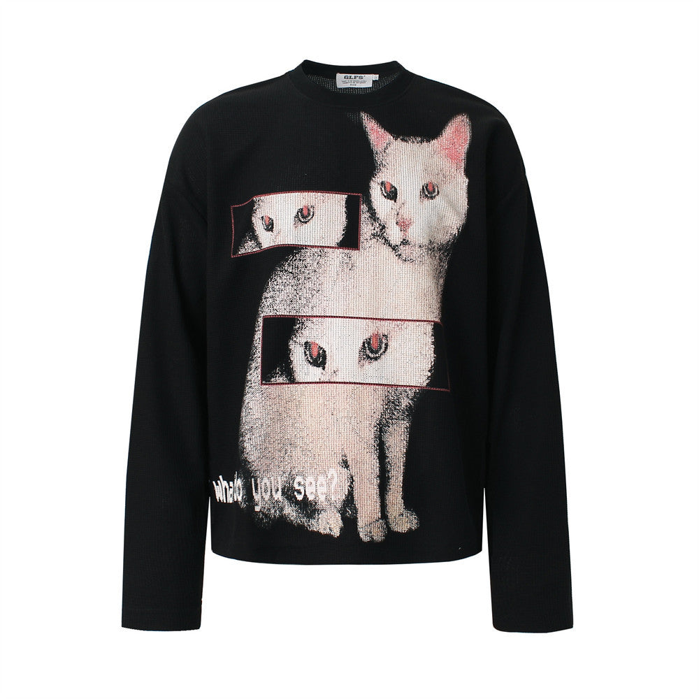 Black Long Sleeve Shirt Women — Oversized Cat Graphic Waffle-Knit Crew Neck Top