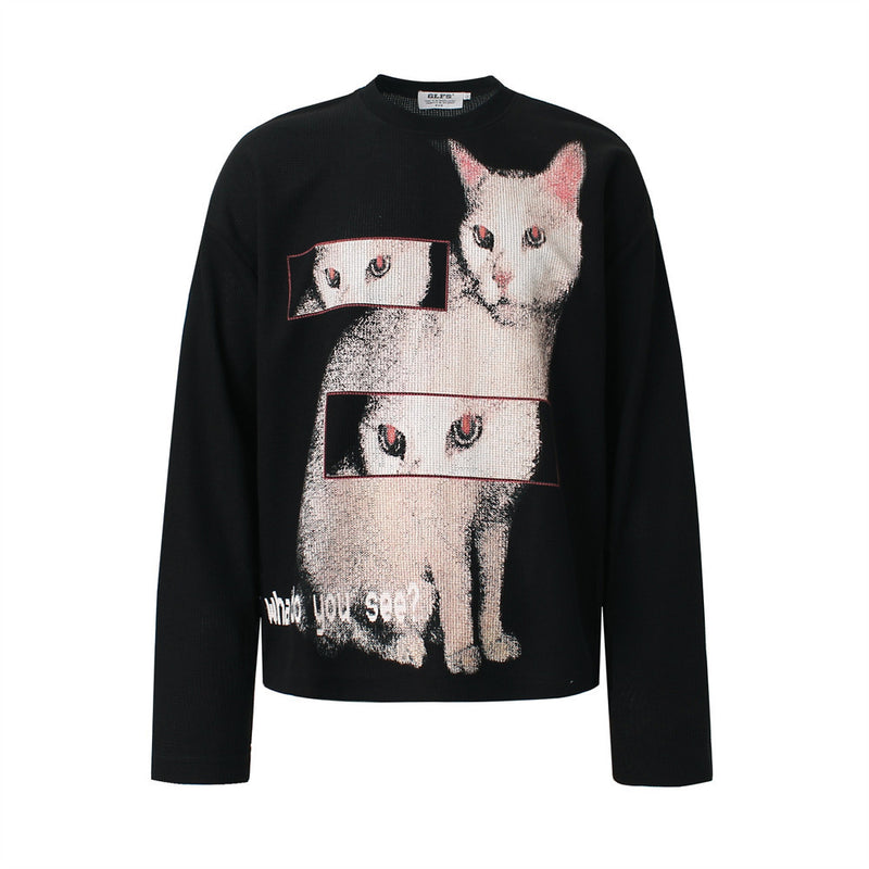 Black Long Sleeve Shirt Women — Oversized Cat Graphic Waffle-Knit Crew Neck Top