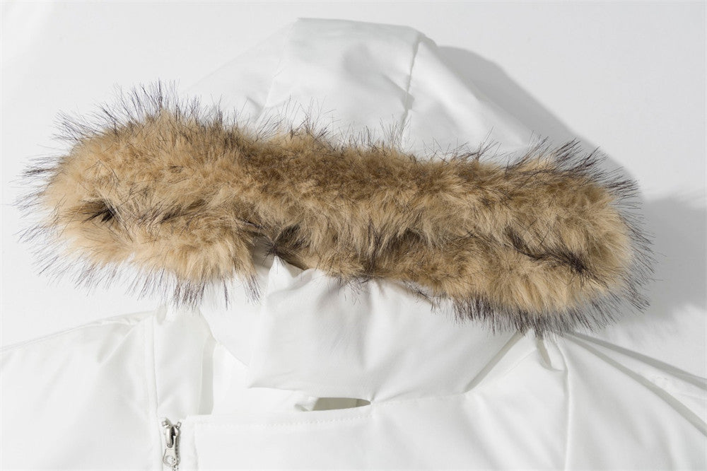 Diagonal Zip Hooded Bomber Jacket with Faux Fur Trim – Oversized Winter Puffer
