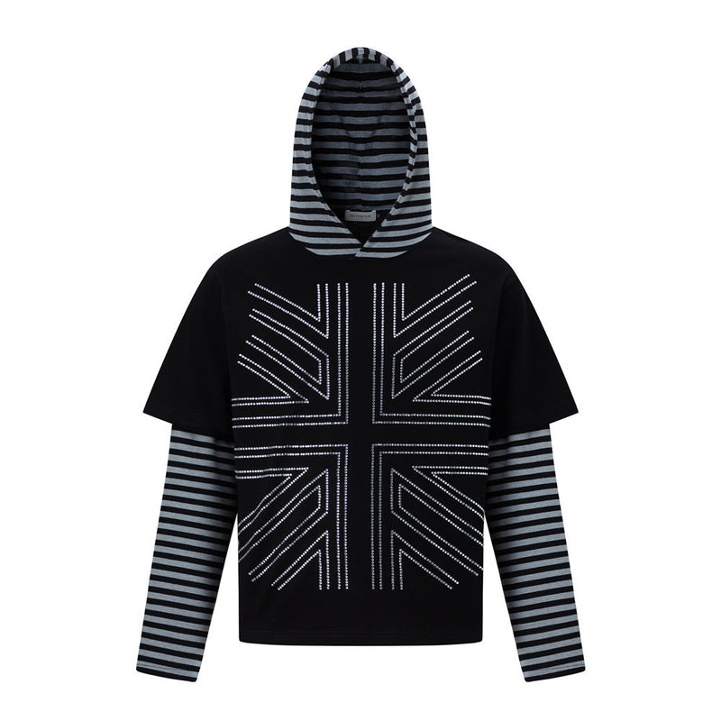Long Sleeve Hoodie T-Shirt – Faux Layered Union Jack Rhinestone Stripe Design