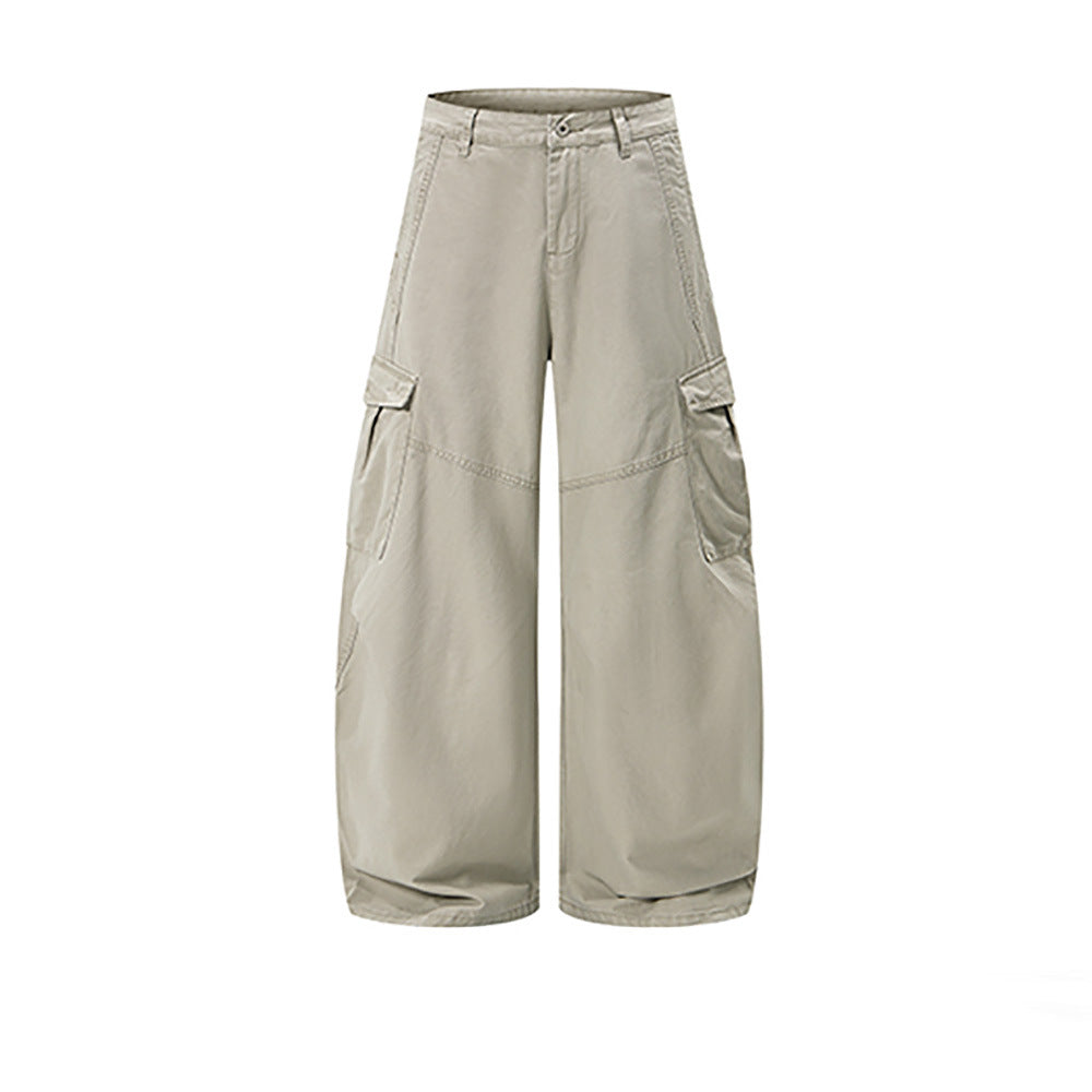Baggy wide-leg cargo pants with multi-pocket flap design and pleated arc hem in off-white colorway