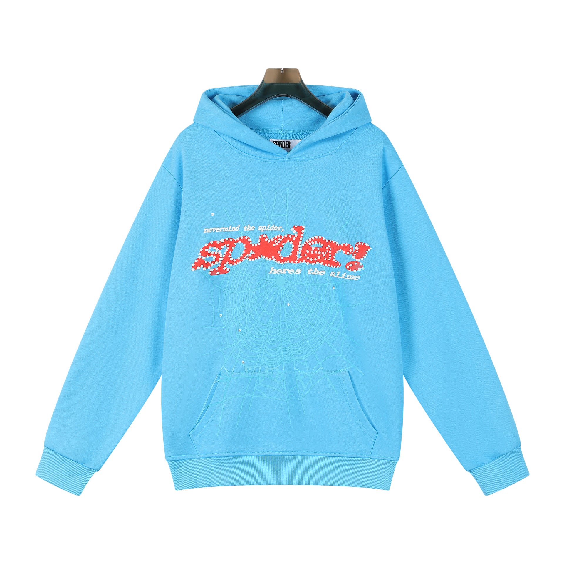 Sp5der “Nevermind the Spider” Hoodie – Sky Blue 440GSM Heavyweight Streetwear Pullover