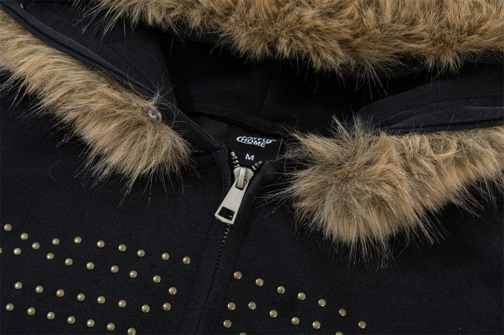 Fur-Trim Zip-Up Hoodie with Studded Skeleton Design – Oversized Streetwear