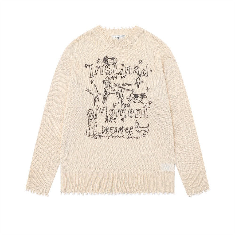 Pull en maille crème à col rond avec motif de chien cartoon dessiné à la main et ourlet effiloché à bord brut