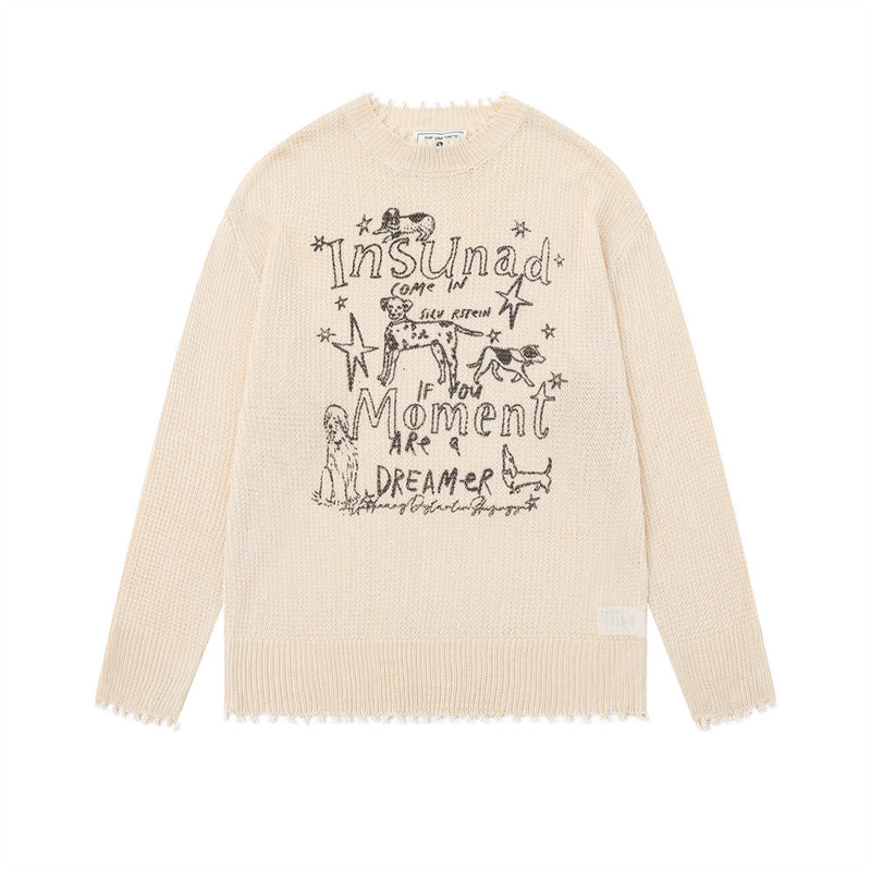 Pull en maille crème à col rond avec motif de chien cartoon dessiné à la main et ourlet effiloché à bord brut