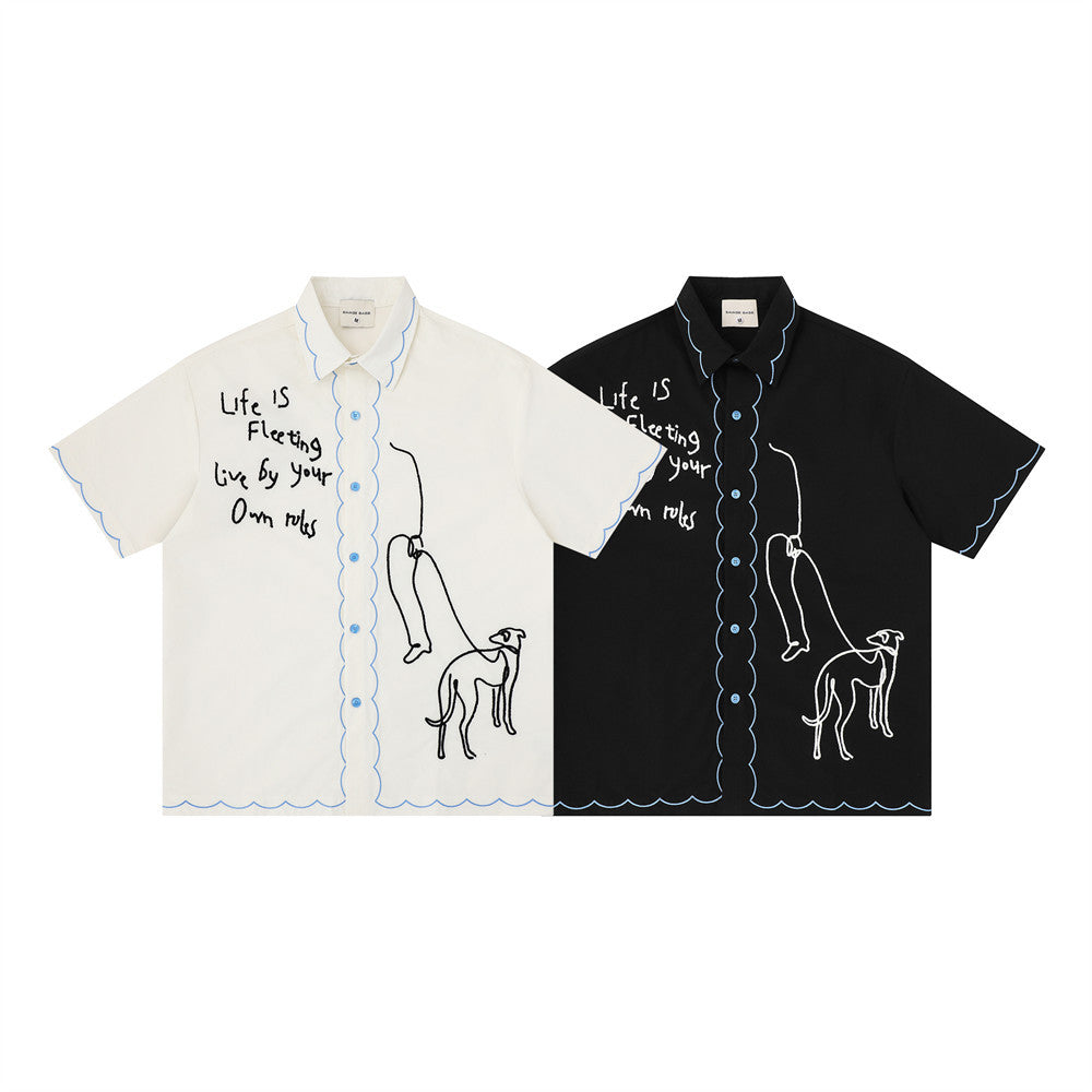 Abstract Greyhound Embroidered Short Sleeve Shirt – Oversized Casual Streetwear