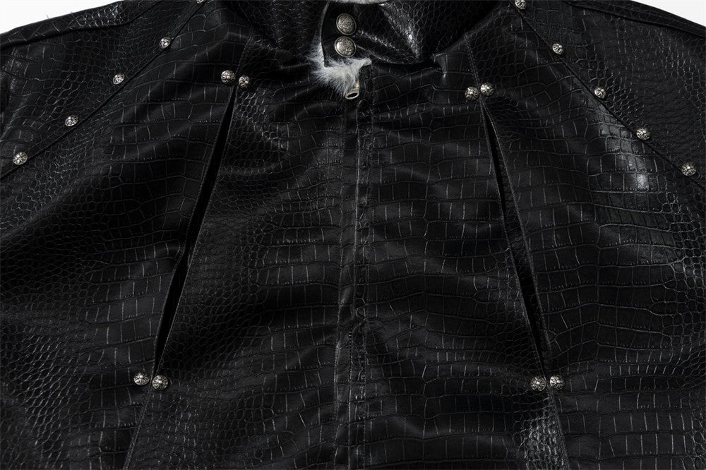Chaqueta bomber de hombre con cuello de pelo – Cuero PU negro grabado efecto cocodrilo