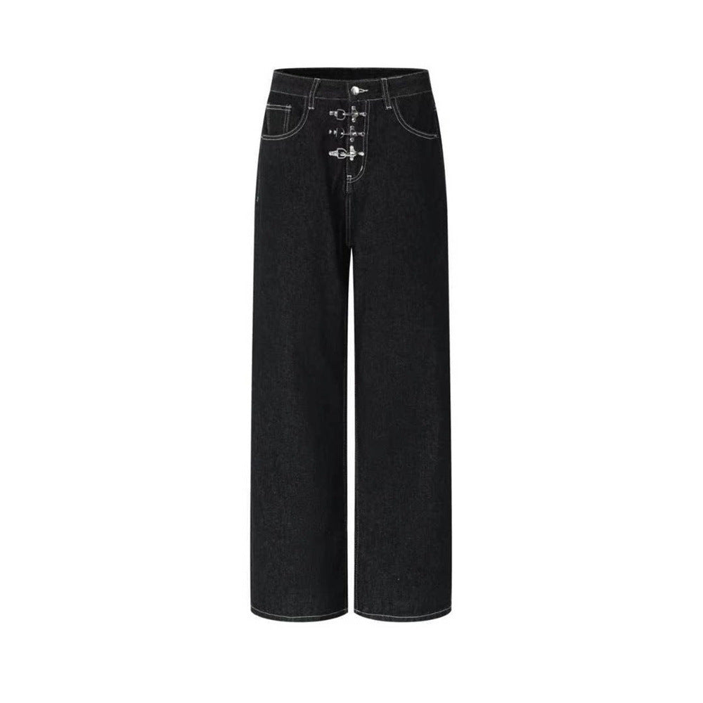 Black Wide-Leg Jeans – Metal Hook Closure & Contrast Stitching Streetwear Denim