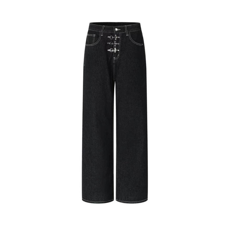 Black Wide-Leg Jeans – Metal Hook Closure & Contrast Stitching Streetwear Denim