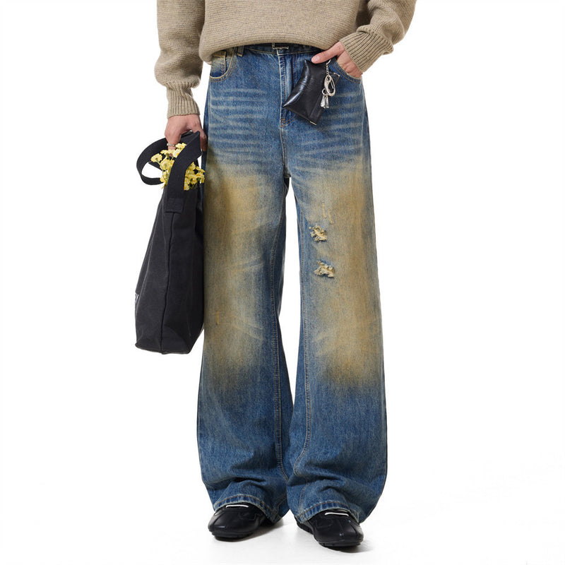 Men's Distressed Flare Jeans – Vintage Mud-Dye Wide Leg Denim