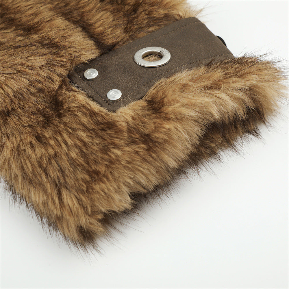 Faux Fur Hooded Bomber Jacket – Brown Short-Cut Zip-Up with PU Leather Trim