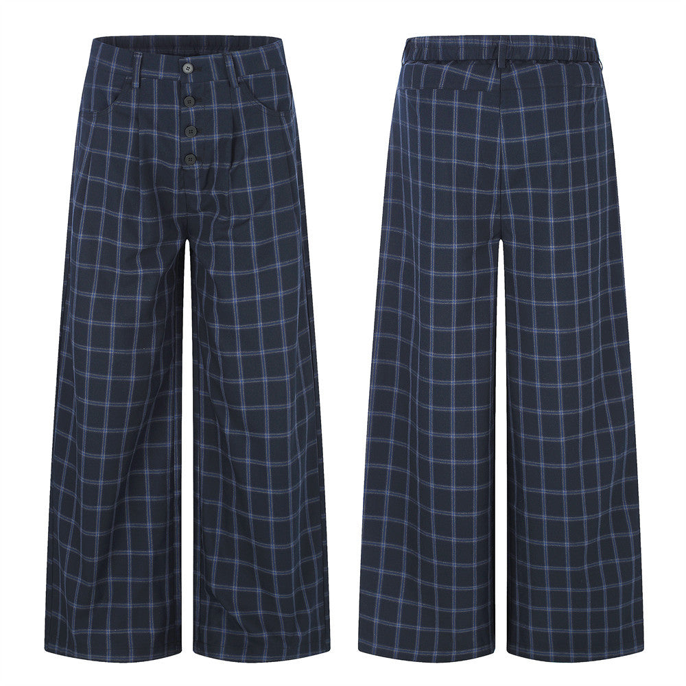 Wide-Leg Plaid Trousers – Men's High-Street Button-Fly Straight Pants