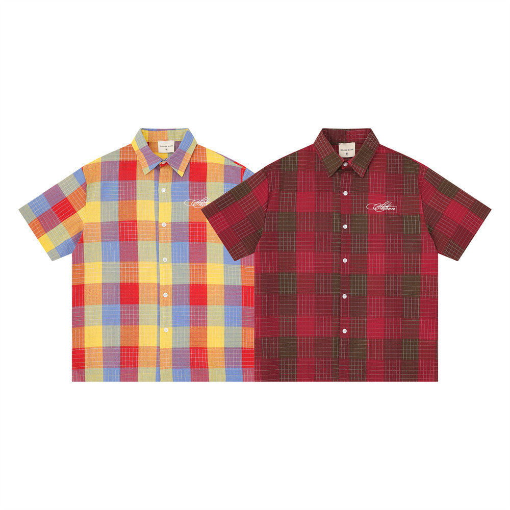 Mosaic Plaid Short Sleeve Shirt – Oversized Streetwear Button-Up