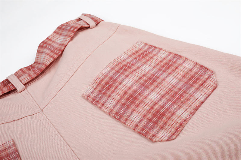 Cartoon Embroidery Wide-Leg Shorts with Plaid Tie Detail