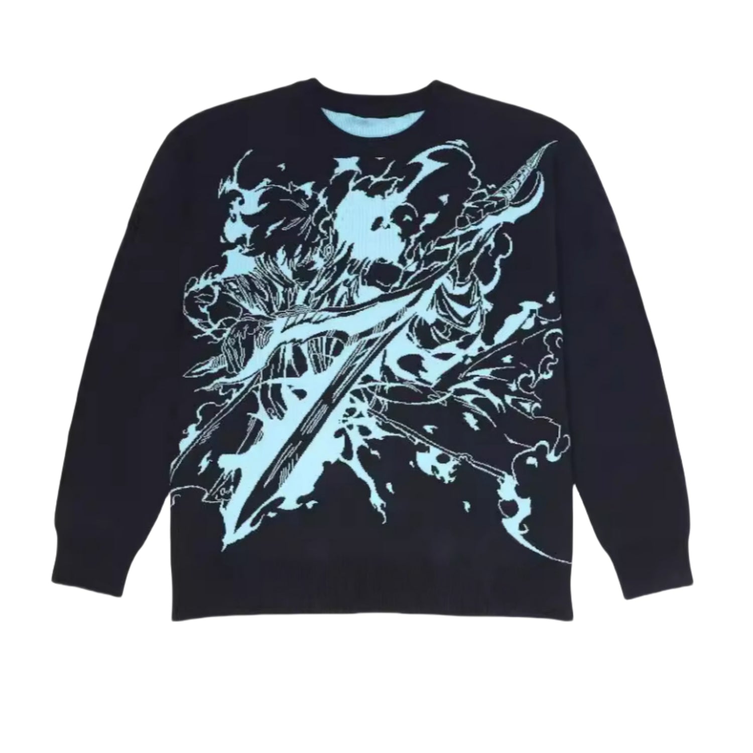 A black long-sleeve knit sweater by Solo Leveling, with a bold jacquard design in light blue, inspired by Sung Jinwoo&