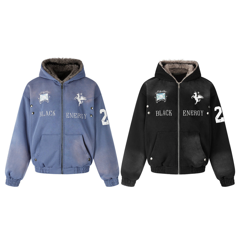 Black Energy faux fur-lined hooded bomber jacket in washed blue and black with Pegasus embroidery and snap-button details