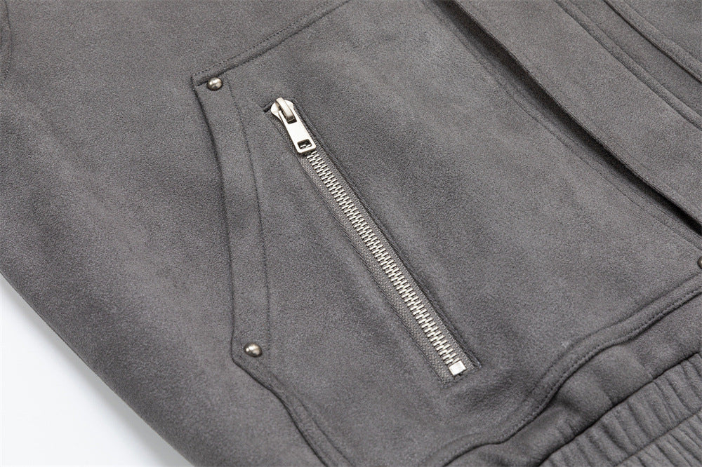 Men's Oversized Bomber Jacket – Grey Suede-Touch Fabric with Stud Details & Zip