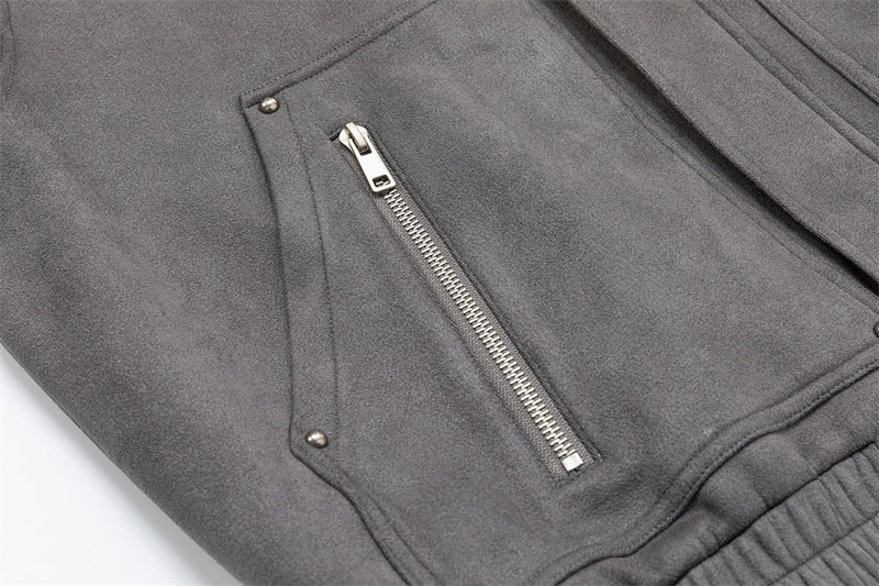 Men's Oversized Bomber Jacket – Grey Suede-Touch Fabric with Stud Details & Zip