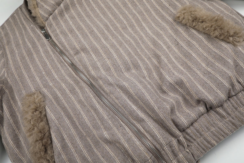 Pinstripe Zip-Up Bomber Jacket with Sherpa Collar & Pocket Trim