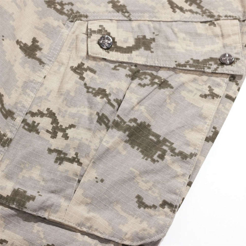 Close-up of desert camo side cargo pocket with snap buttons