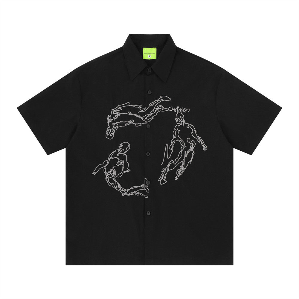 Abstract Figure Embroidered Short Sleeve Shirt – Oversized Casual Button-Up