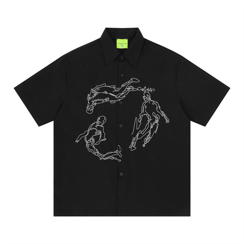 Abstract Figure Embroidered Short Sleeve Shirt – Oversized Casual Button-Up