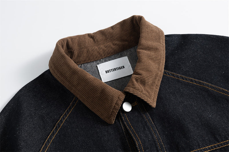 Men's Raw Denim Jacket with Corduroy Collar — Deconstructed Seam Design