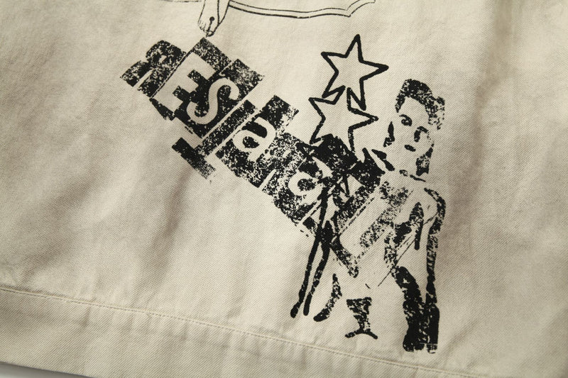 Veste zippée à imprimé graphique – Coton délavé effet usé, col violet et badge