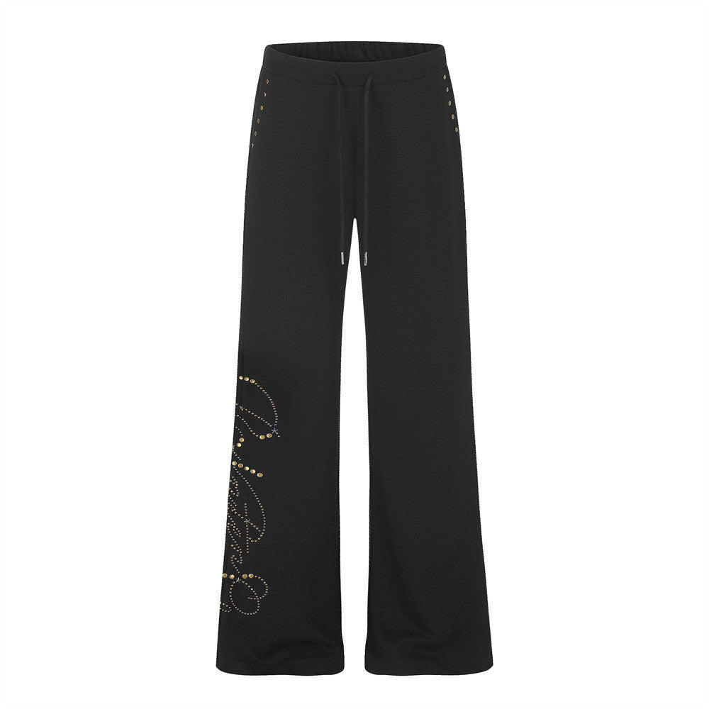 Wide Leg Sweatpants with Gold Stud Detail & Drawstring Waist