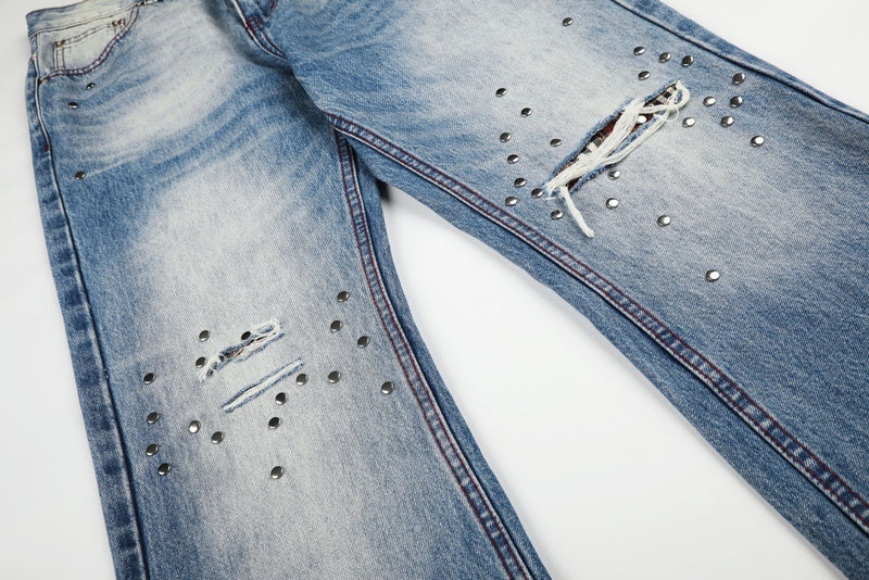 Gradient Washed Distressed Wide-Leg Jeans with Rhinestone Studs