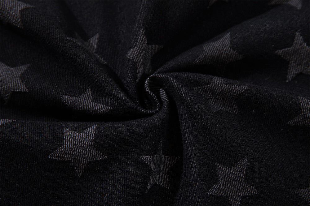 Wide-Leg Jeans with Stars & Stripes Print – Distressed Black Denim