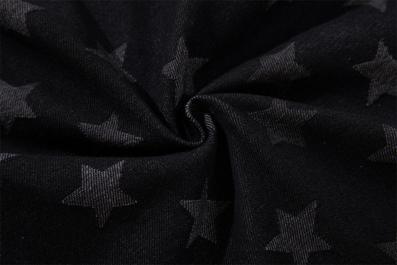 Wide-Leg Jeans with Stars & Stripes Print – Distressed Black Denim