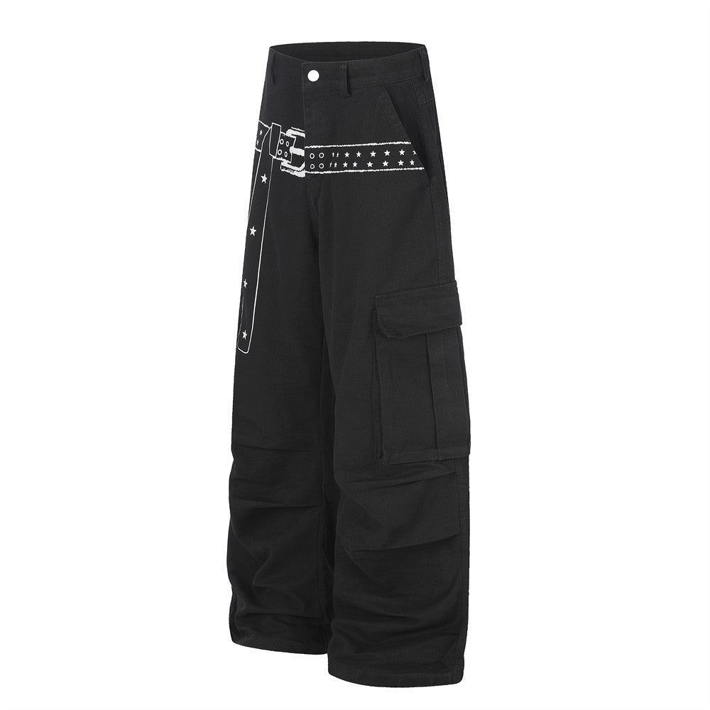 Cargo Pants for Men Wide Leg Multi-Pocket Punk Belt Print Street Style