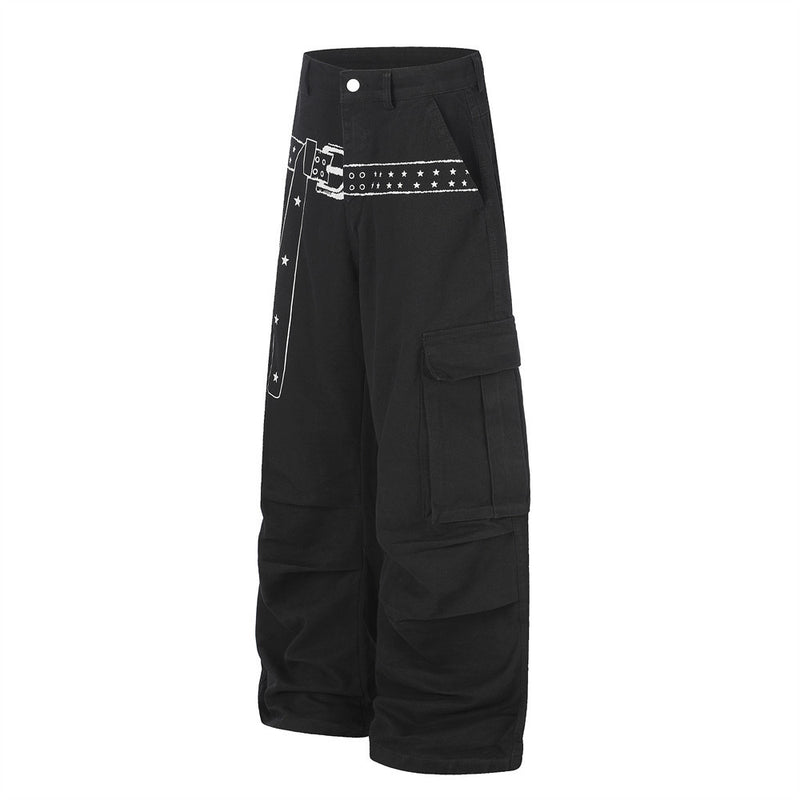 Cargo Pants for Men Wide Leg Multi-Pocket Punk Belt Print Street Style
