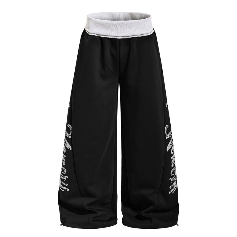Men's Wide-Leg Sweatpants with Letter Print & Contrast Ribbed Waistband