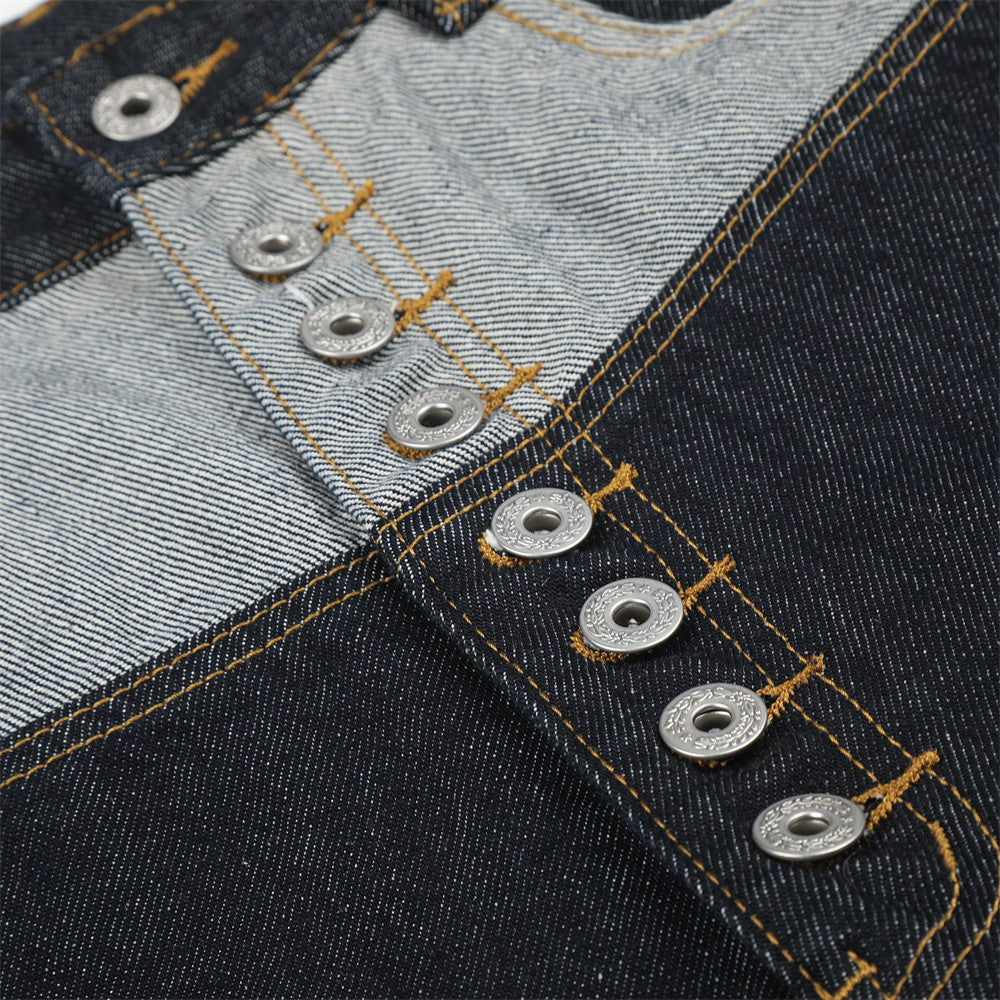 Men's Contrast Patchwork Denim Shorts Wide-Leg Button-Fly Bermuda
